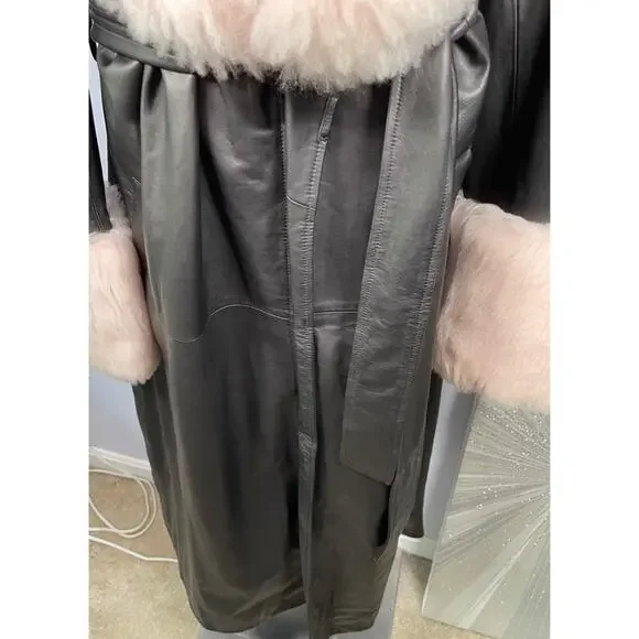 FREE PEOPLE X BRENDA KNIGHT Paris Duster Lamb Leather Fur Trim Belted Size XL - Picture 5 of 10